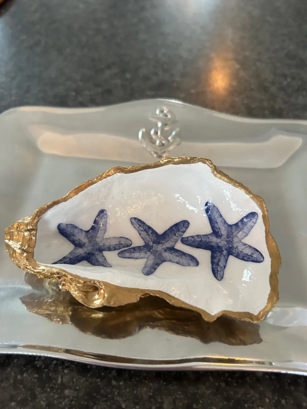 Gold-Trim Shell Dish with Blue Starfish Motif - Picture 1 of 4